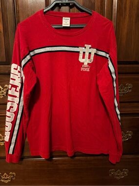 PINK Victoria's Secret Red Long-Sleeve Tee with IU Logo and Metallic Stripes